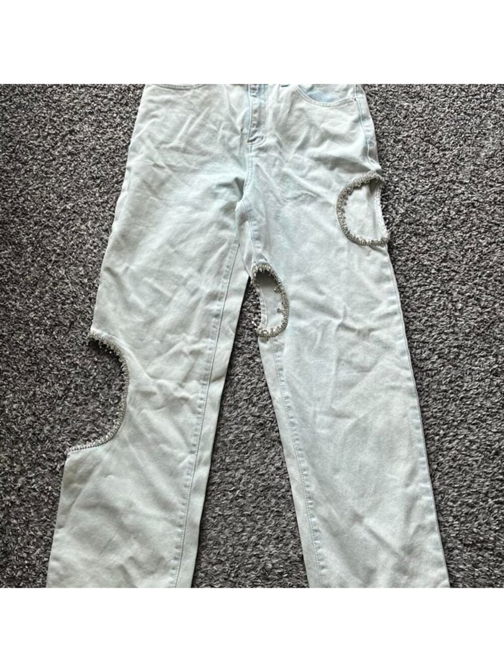 Lane 201 Light Wash Large Denim Jeans with Cutouts & Rhinestones Wide Leg Y2K